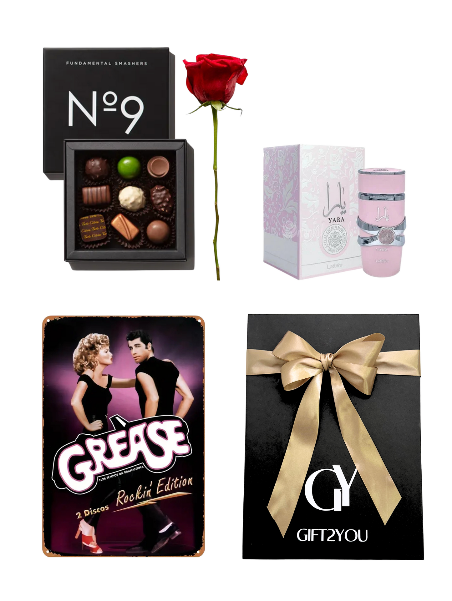 Set Perfume, Bombones, Rosa Roja y Placa Vintage