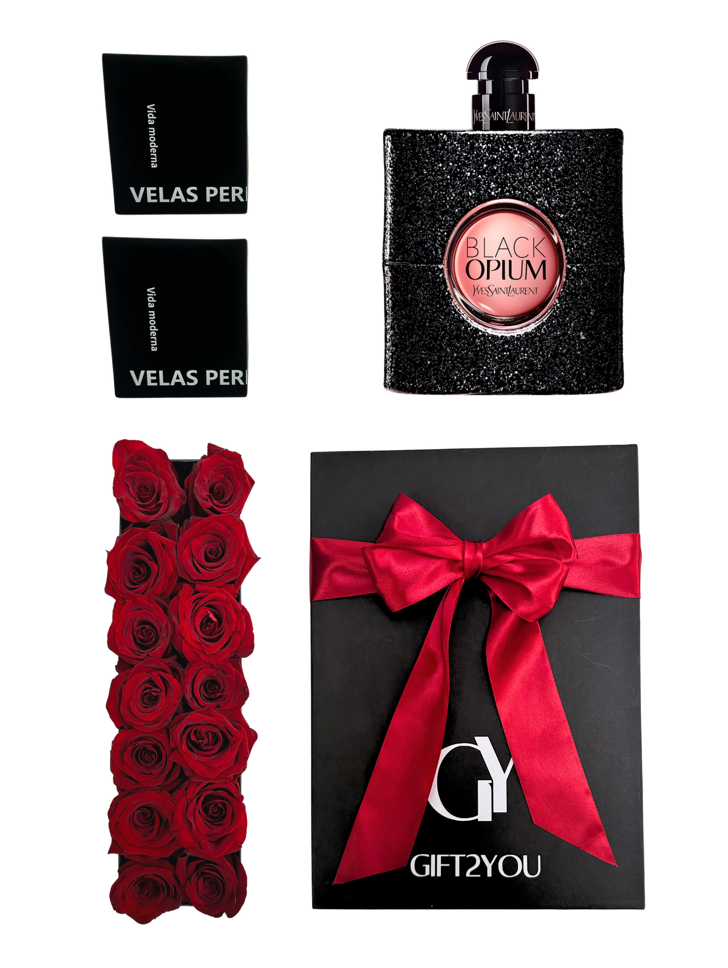 Set Perfume + Velas Aromáticas + Rosas Rojas