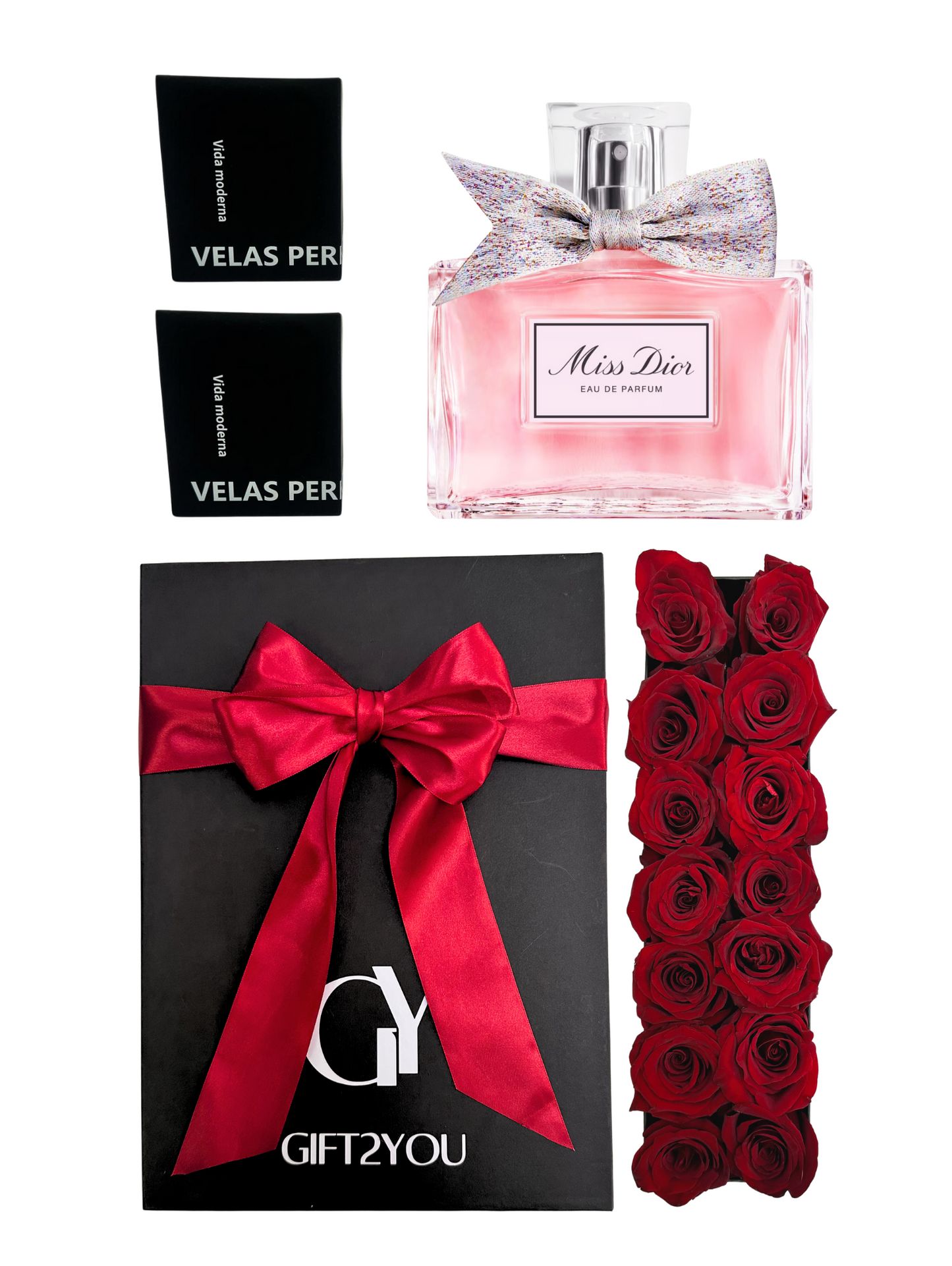 Set Perfume + Velas Aromáticas + Rosas Rojas