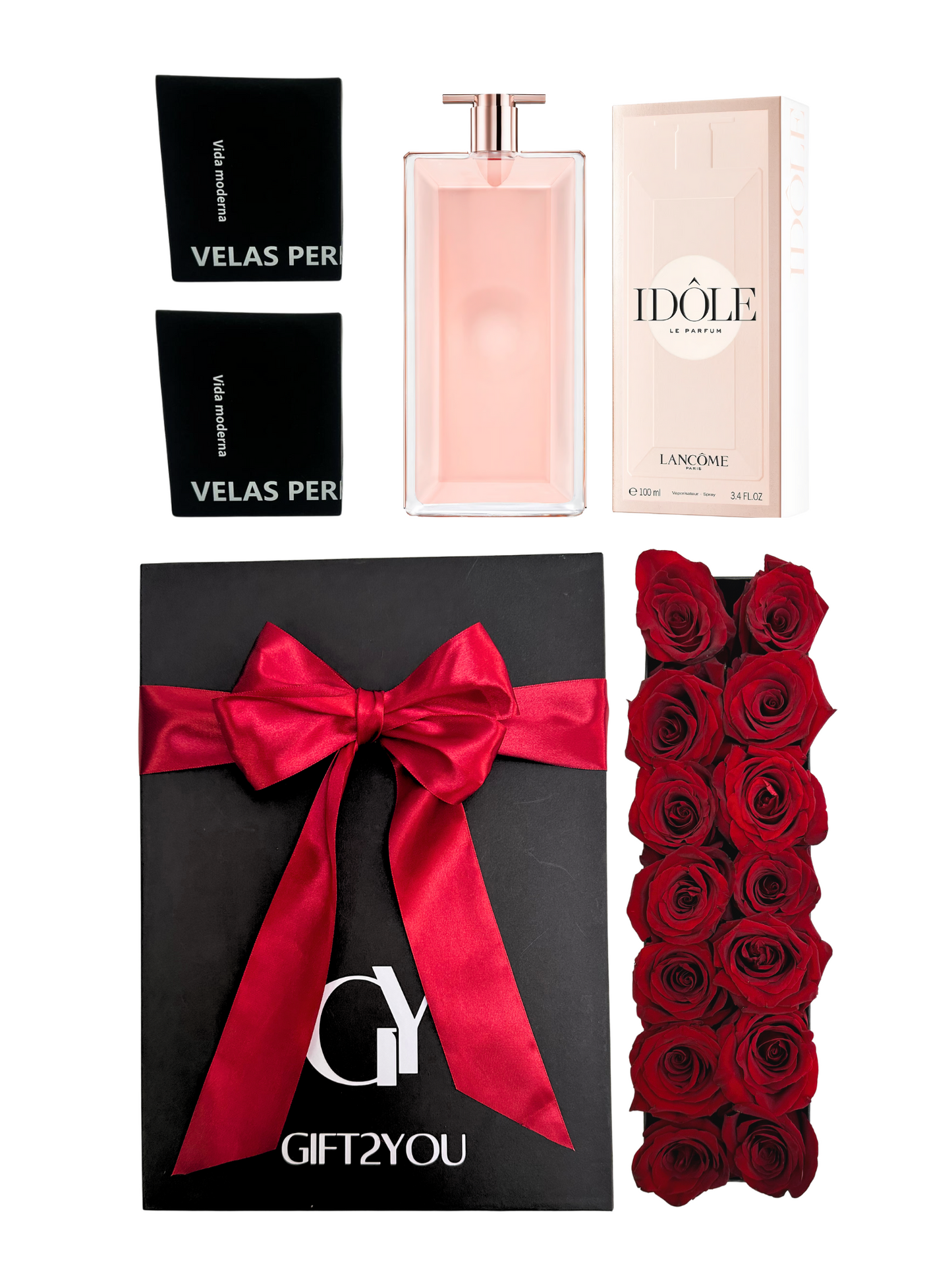 Set Perfume + Velas Aromáticas + Rosas Rojas