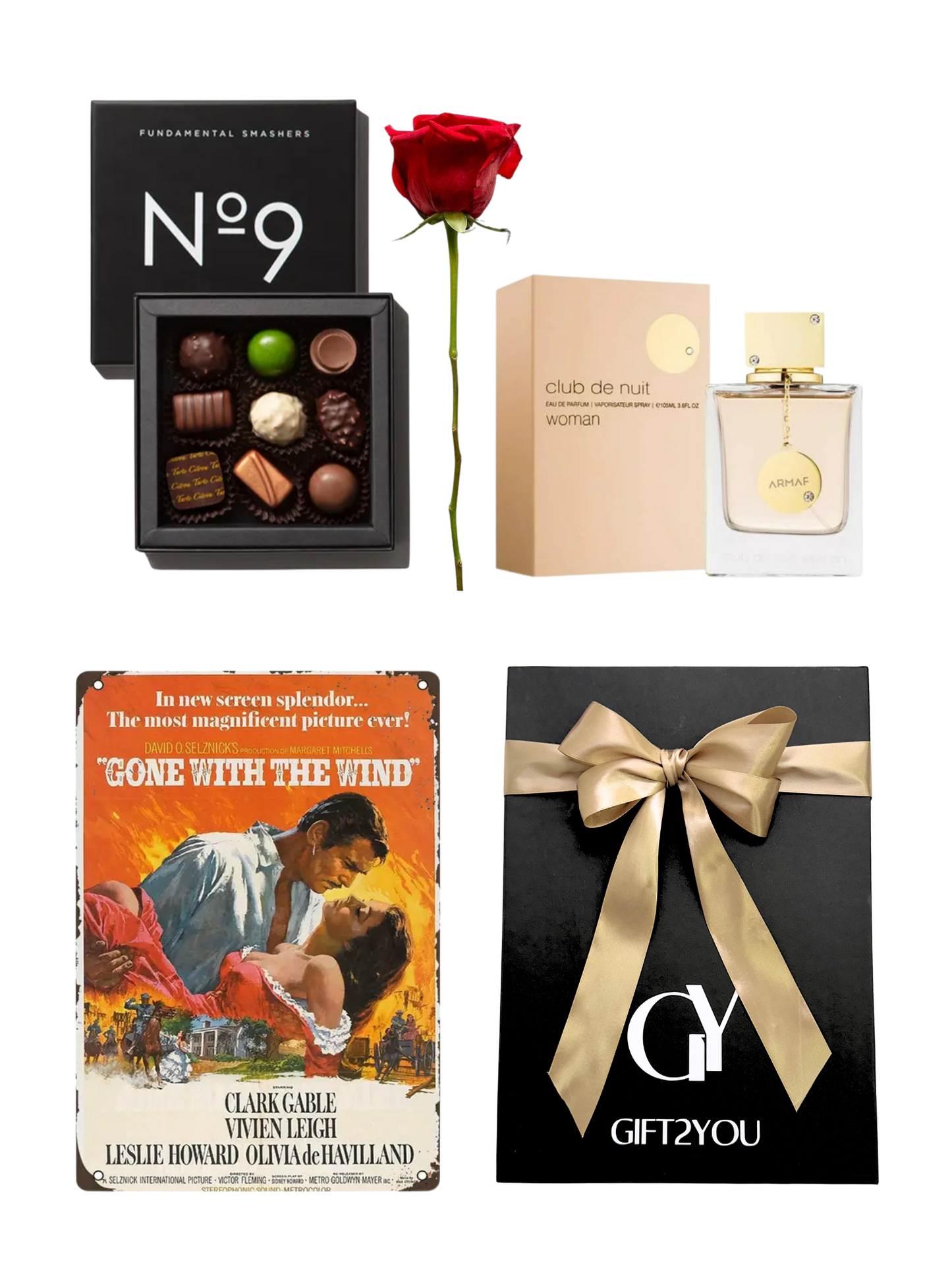 Set Perfume, Bombones, Rosa Roja y Placa Vintage