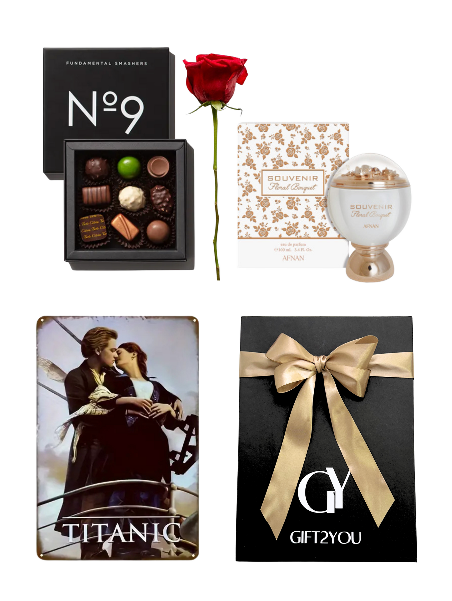 Set Perfume, Bombones, Rosa Roja y Placa Vintage