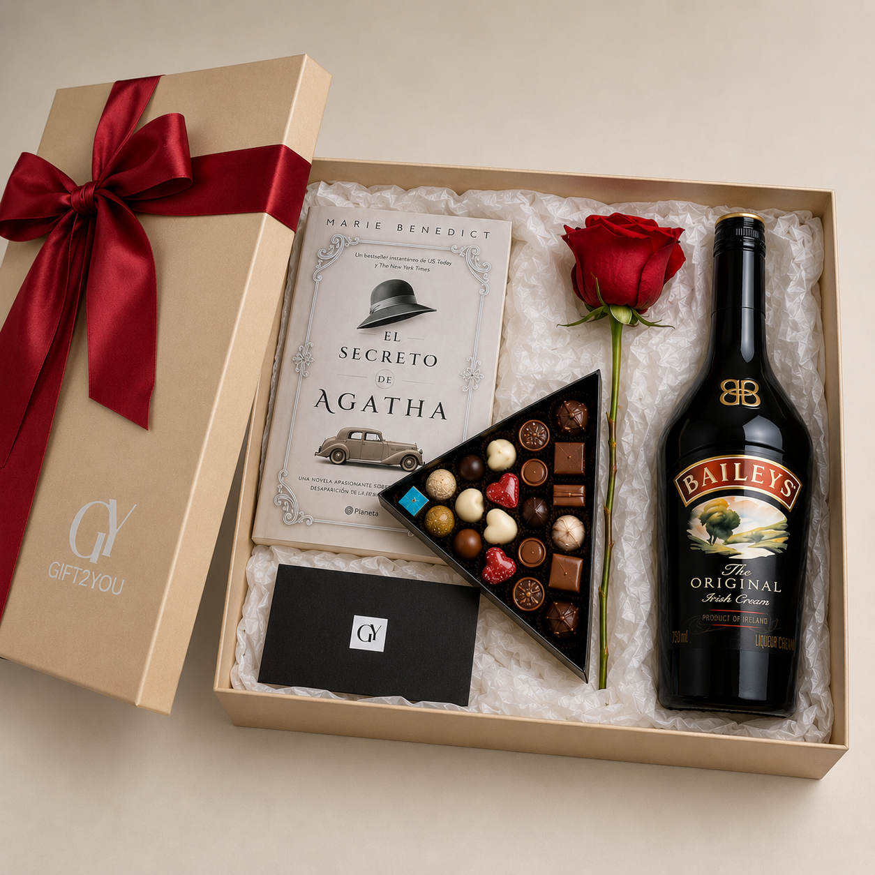 Set Libro, Baileys, Chocolates y Rosa Roja