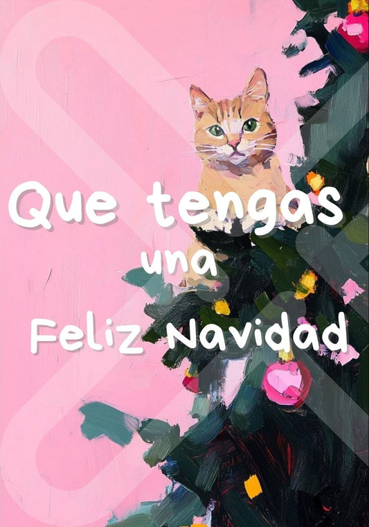 Tarjeta de Saludo Navidad gato rosa